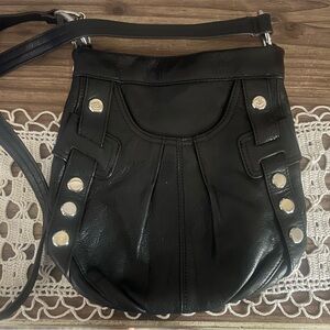 b. makowsky Black Leather Crossbody Bag with Silver Accents